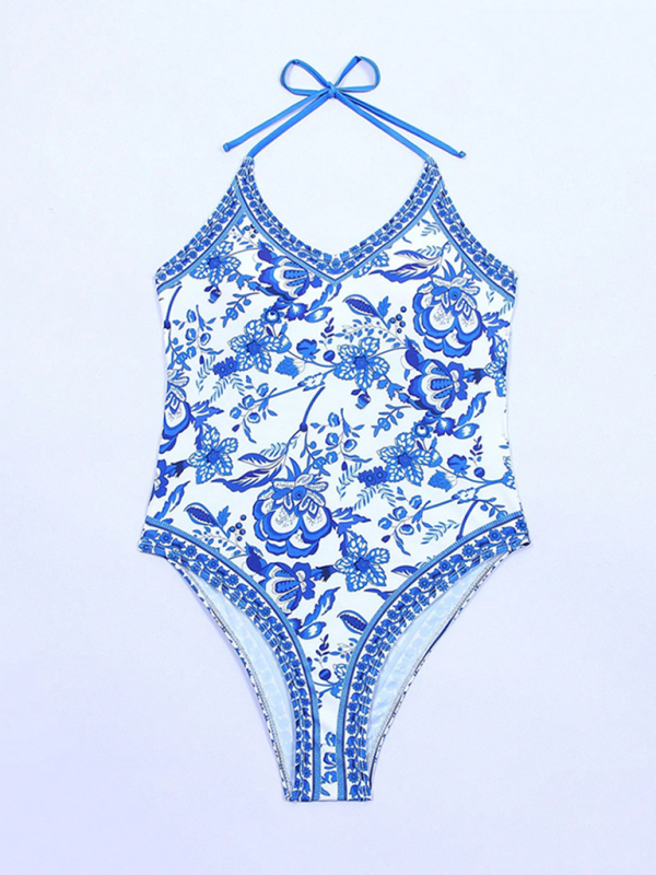 New women's one-piece blue and white porcelain print slim fit swimsuit - K - 1 COLOR -