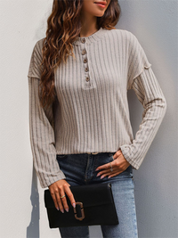 Thumbnail for New button round neck ribbed simple casual ladies t-shirt top - K - 1 COLOR -