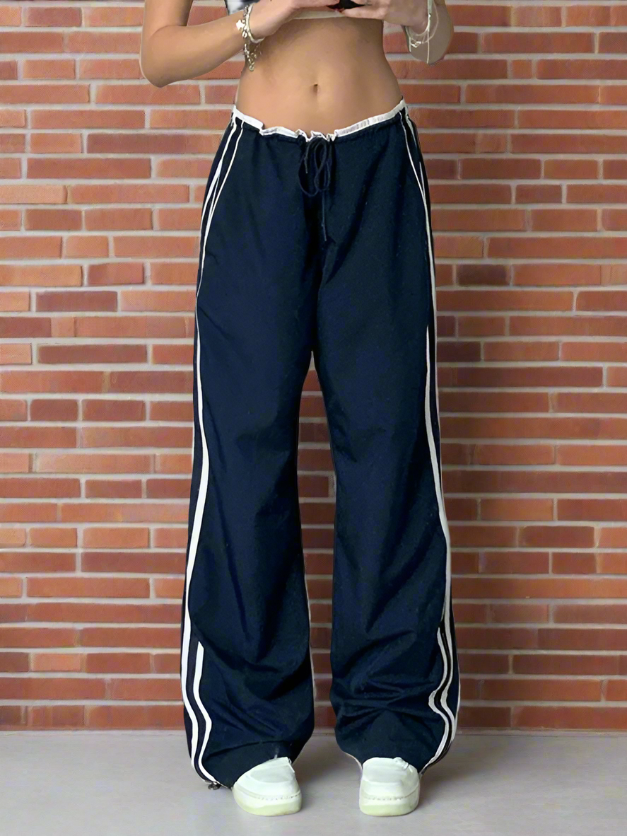 Street sports webbing contrast color casual pants elastic waist tie loose wide leg pants - K - 1 COLOR -