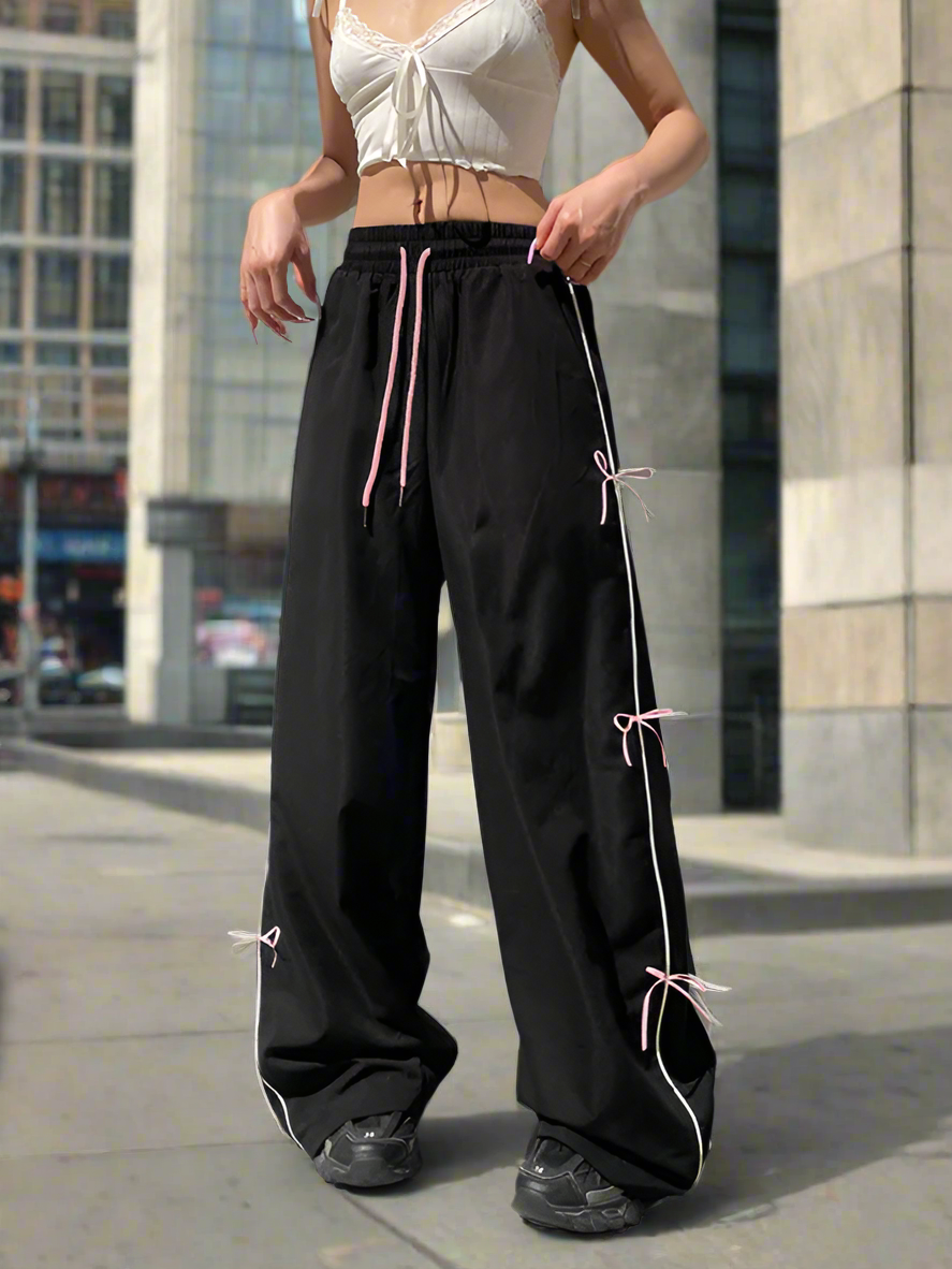 Street style loose personality bow stitching wide-leg casual trousers - K - 1 COLOR -