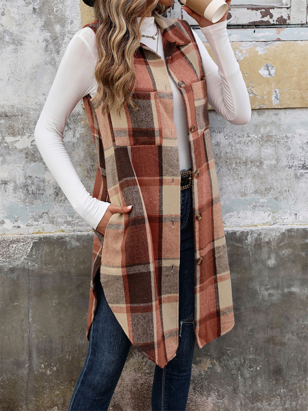 New Sleeveless Lapel Cardigan Jacket Retro Mid-Length Plaid Vest - K - 1 COLOR -