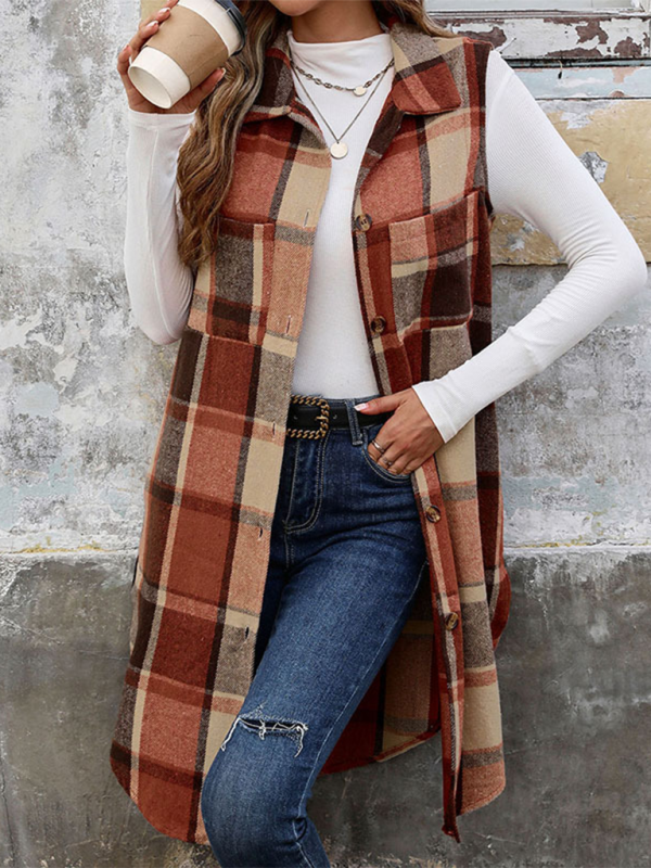 New Sleeveless Lapel Cardigan Jacket Retro Mid-Length Plaid Vest - K - 1 COLOR -