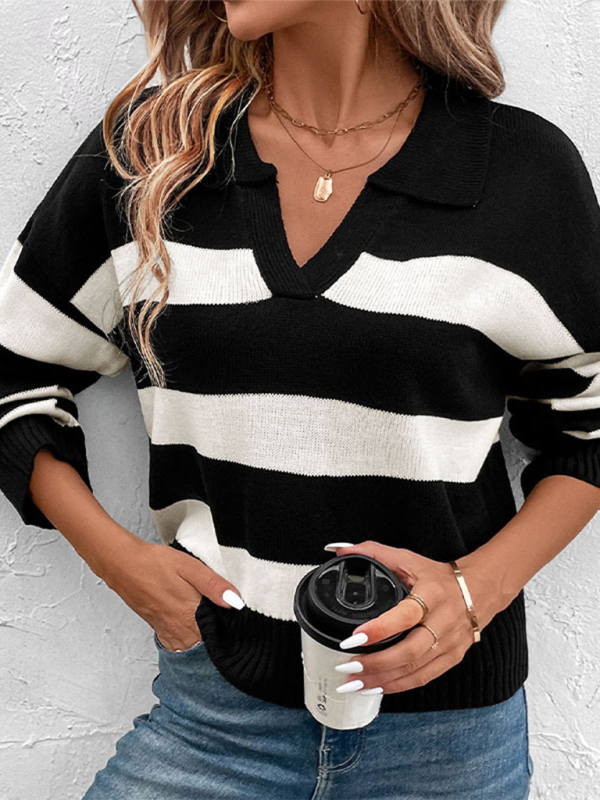 New women's loose tops black and white striped lapel sweater - K - 1 COLOR -