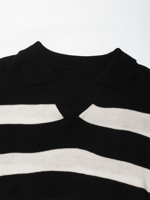 New women's loose tops black and white striped lapel sweater - K - 1 COLOR -