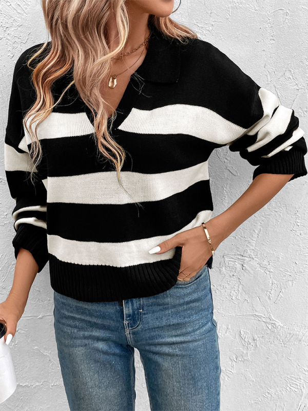 New women's loose tops black and white striped lapel sweater - K - 1 COLOR -