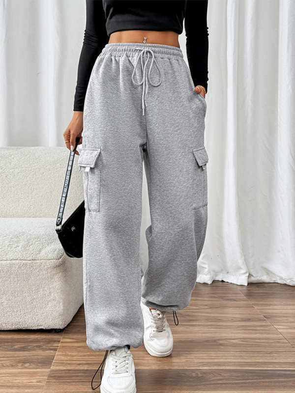 Casual elastic high waist patchwork pocket straight Sweat  pants - K - 1 COLOR -