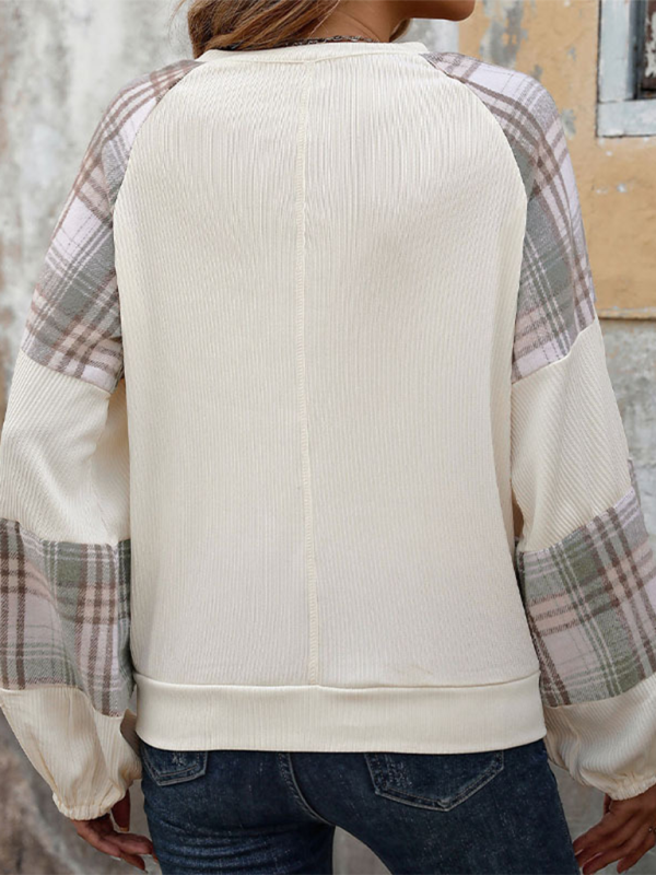 Plaid contrast color round neck stitching pullover loose casual sweatshirt - K - 1 COLOR -