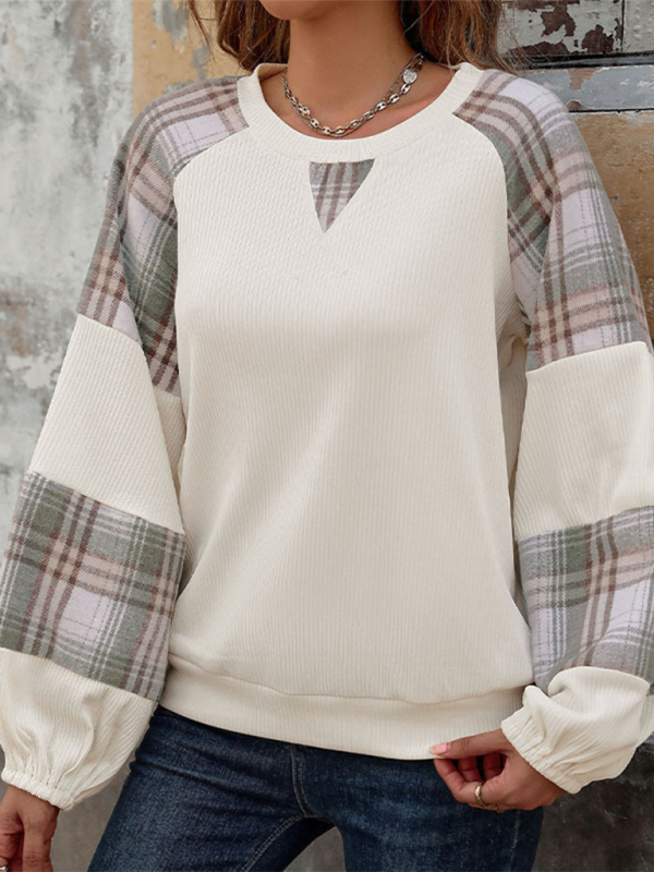 Plaid contrast color round neck stitching pullover loose casual sweatshirt - K - 1 COLOR -