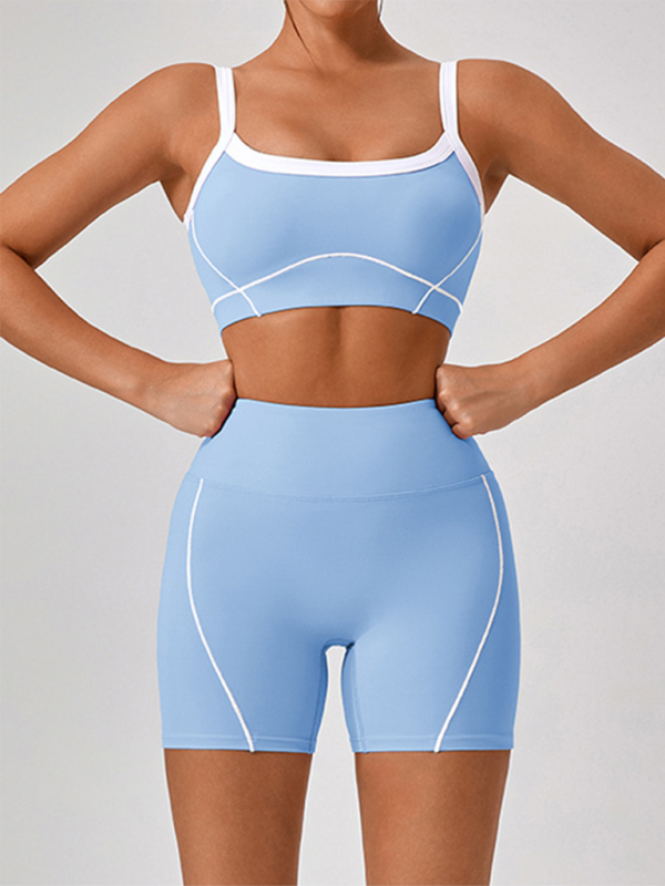 Skinny outdoor sports spaghetti strap contrast color suspender bra + shorts Yoga set - 2 PCS. - K - 5 COLORS -