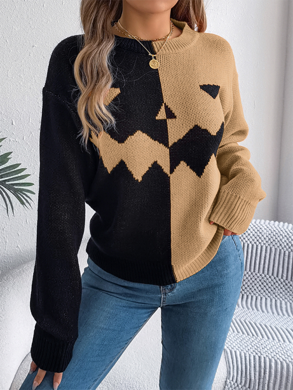 Halloween Spooky Pumpkin Clashing Color Knit Long Sleeve Pullover Sweater - K - 3 COLORS -