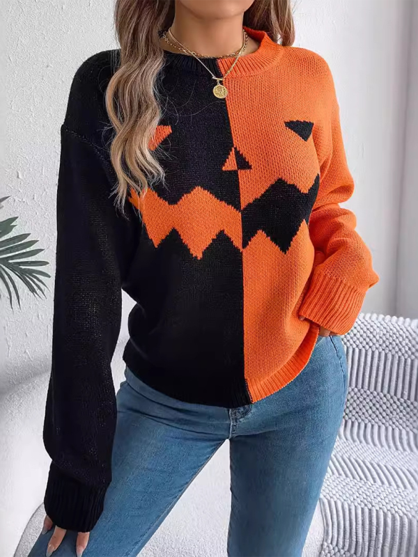 Halloween Spooky Pumpkin Clashing Color Knit Long Sleeve Pullover Sweater - K - 3 COLORS -