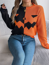 Thumbnail for Halloween Spooky Pumpkin Clashing Color Knit Long Sleeve Pullover Sweater - K - 3 COLORS -