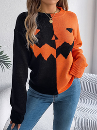 Thumbnail for Halloween Spooky Pumpkin Clashing Color Knit Long Sleeve Pullover Sweater - K - 3 COLORS -