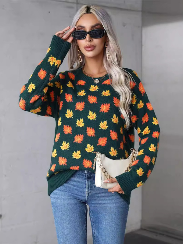 Halloween Maple Leaf Christmas Crew Neck Sweater Knit Bottom Sweater - K - 2 COLORS -