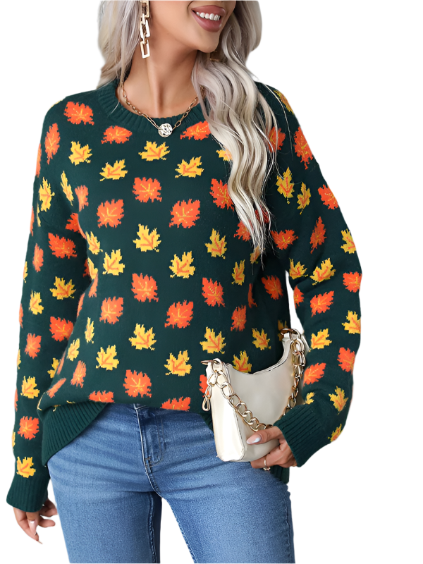 Halloween Maple Leaf Christmas Crew Neck Sweater Knit Bottom Sweater - K - 2 COLORS -