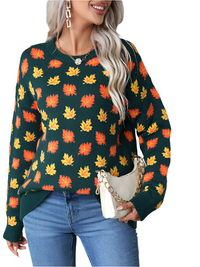 Thumbnail for Halloween Maple Leaf Christmas Crew Neck Sweater Knit Bottom Sweater - K - 2 COLORS -