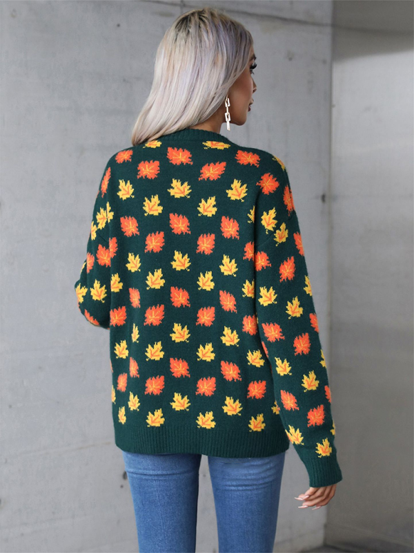 Halloween Maple Leaf Christmas Crew Neck Sweater Knit Bottom Sweater - K - 2 COLORS -