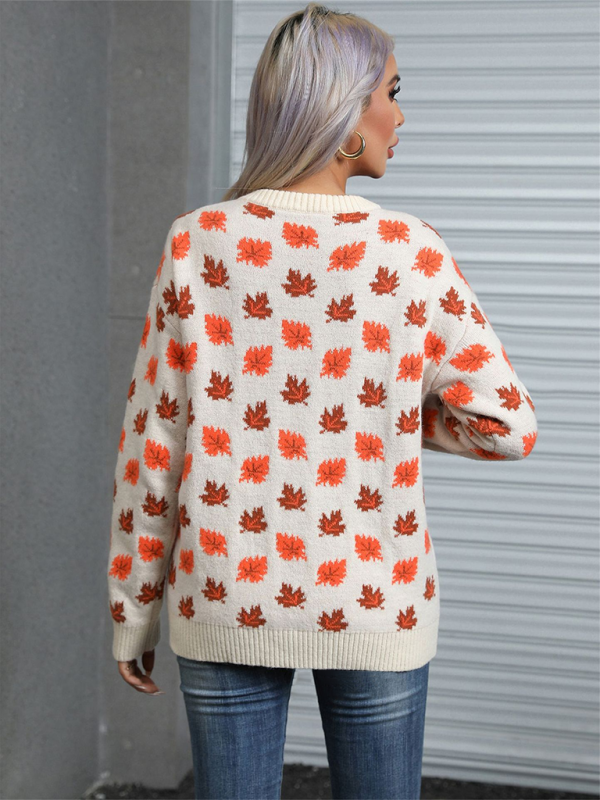 Halloween Maple Leaf Christmas Crew Neck Sweater Knit Bottom Sweater - K - 2 COLORS -