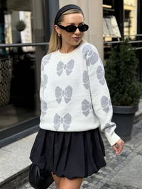 Thumbnail for Butterfly Round Neck Women's Loose Yardage Knit Pullover Sweater - K - 2 BOW COLORS -