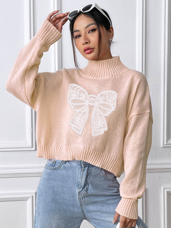 Women's Bow Embroidered Appliqued Turtleneck Pullover Sweater - K - 4 COLORS -