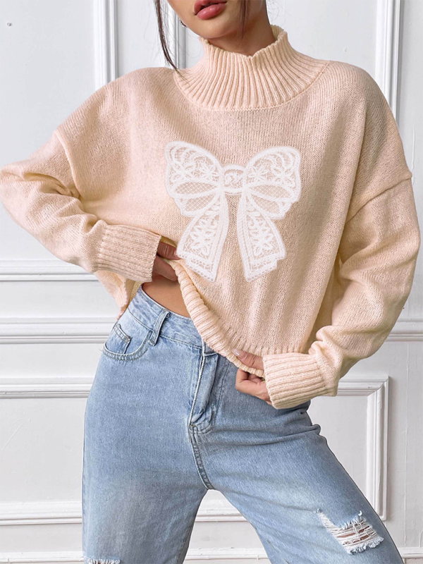 Women's Bow Embroidered Appliqued Turtleneck Pullover Sweater - K - 4 COLORS -