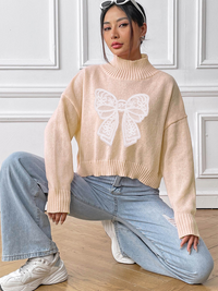 Thumbnail for Women's Bow Embroidered Appliqued Turtleneck Pullover Sweater - K - 4 COLORS -