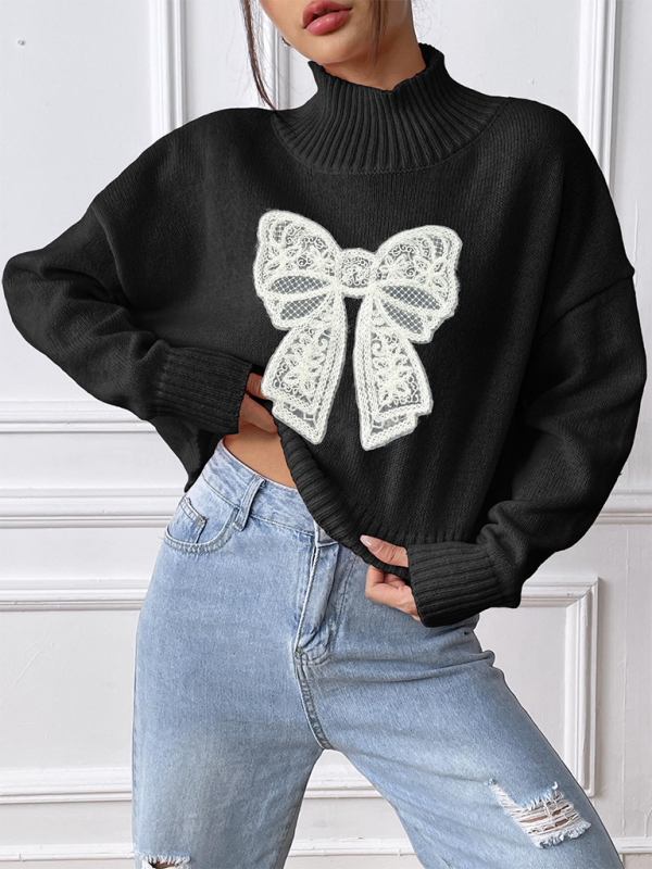 Women's Bow Embroidered Appliqued Turtleneck Pullover Sweater - K - 4 COLORS -