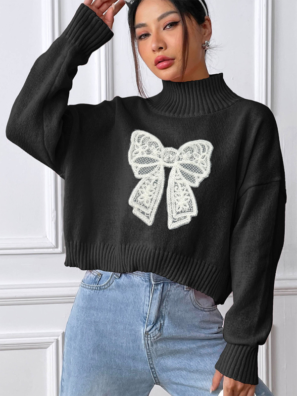 Women's Bow Embroidered Appliqued Turtleneck Pullover Sweater - K - 4 COLORS -