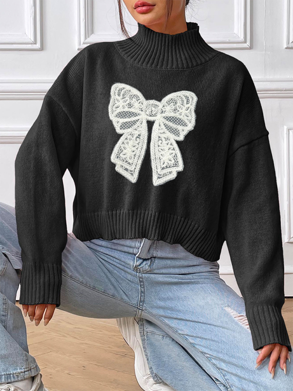 Women's Bow Embroidered Appliqued Turtleneck Pullover Sweater - K - 4 COLORS -