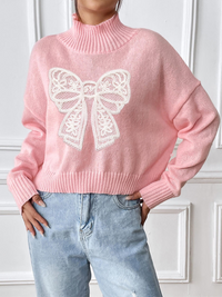 Thumbnail for Women's Bow Embroidered Appliqued Turtleneck Pullover Sweater - K - 4 COLORS -