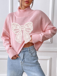 Thumbnail for Women's Bow Embroidered Appliqued Turtleneck Pullover Sweater - K - 4 COLORS -