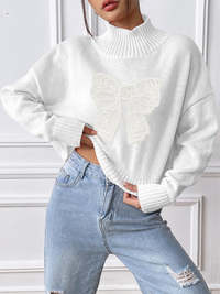 Thumbnail for Women's Bow Embroidered Appliqued Turtleneck Pullover Sweater - K - 4 COLORS -