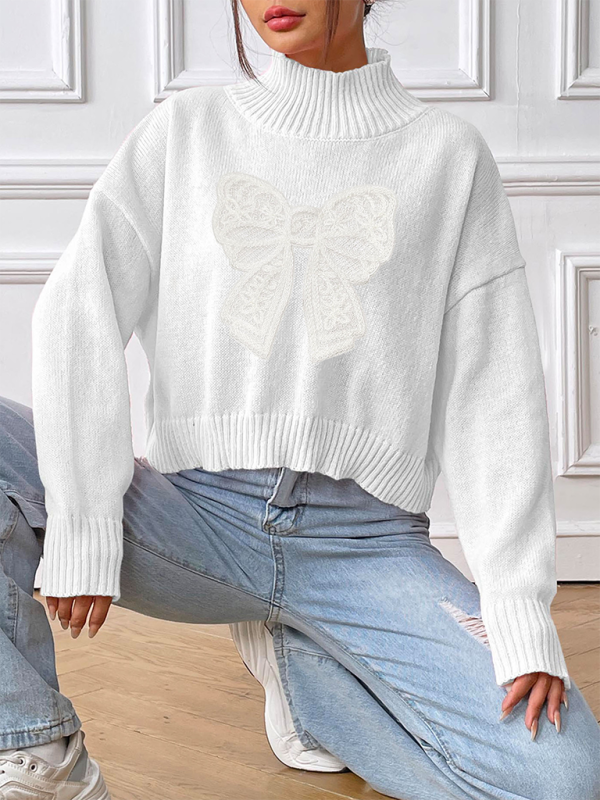 Women's Bow Embroidered Appliqued Turtleneck Pullover Sweater - K - 4 COLORS -