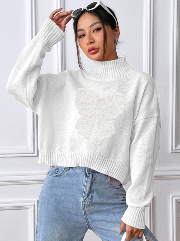 Women's Bow Embroidered Appliqued Turtleneck Pullover Sweater - K - 4 COLORS -