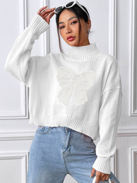 Thumbnail for Women's Bow Embroidered Appliqued Turtleneck Pullover Sweater - K - 4 COLORS -