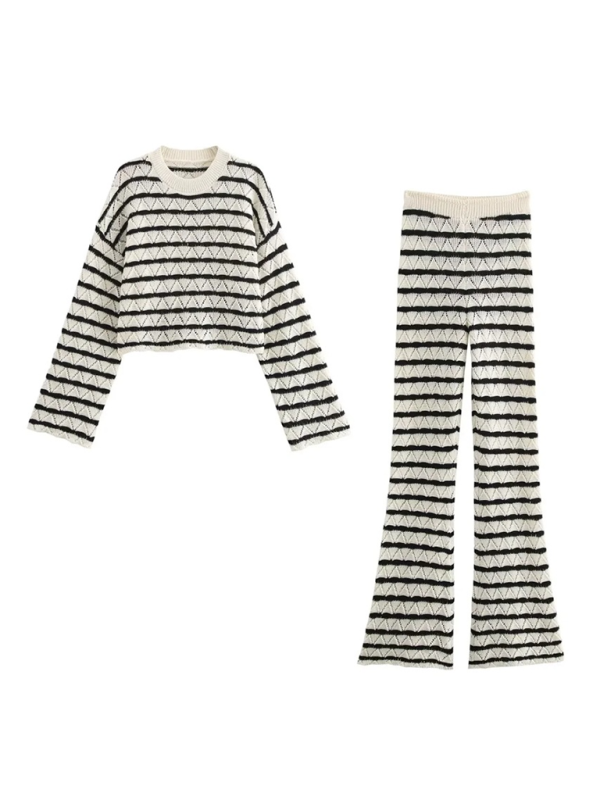 Striped knit l long sleeve flared Lounging pants set - 2 PCS. - K - 1 COLOR -