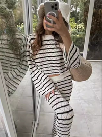 Thumbnail for Striped knit l long sleeve flared Lounging pants set - 2 PCS. - K - 1 COLOR -