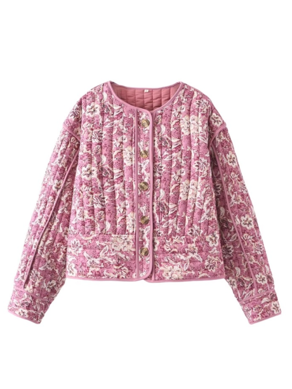 Floral Print Round Neck Jacket Cotton Jacket - K - 1 COLOR -