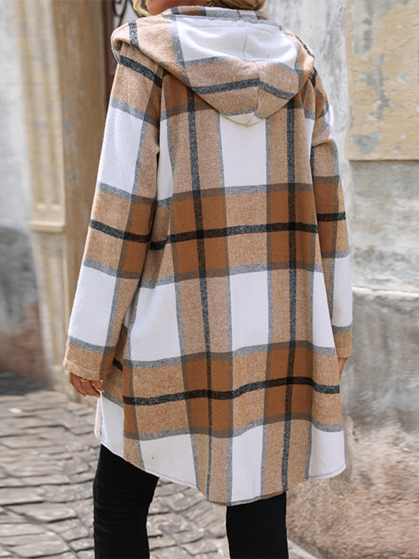 New retro classic plaid long jacket loose casual hooded jacket - K - 1 COLOR -