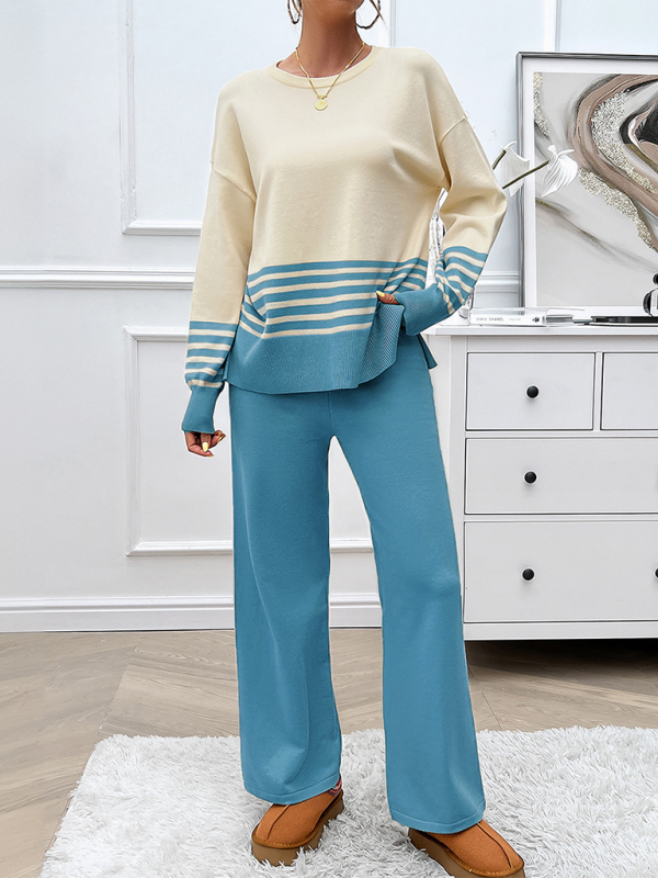 Casual Loose Clashing Color Straight Pants Sweater Set - 2 PCS. - K - 5 COLORS -