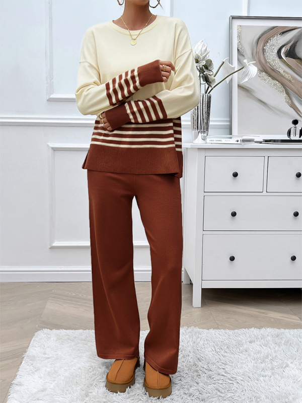 Casual Loose Clashing Color Straight Pants Sweater Set - 2 PCS. - K - 5 COLORS -