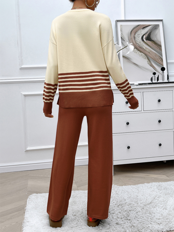 Casual Loose Clashing Color Straight Pants Sweater Set - 2 PCS. - K - 5 COLORS -