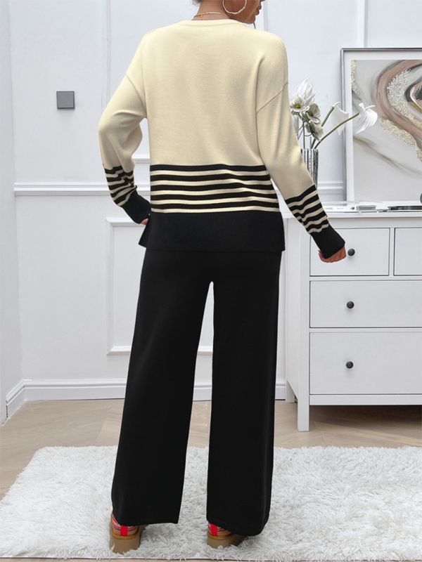 Casual Loose Clashing Color Straight Pants Sweater Set - 2 PCS. - K - 5 COLORS -