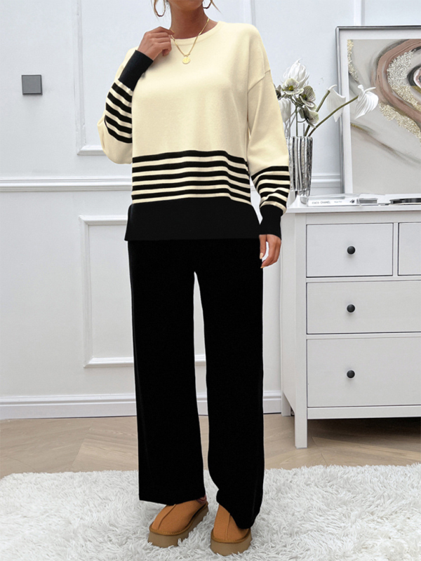 Casual Loose Clashing Color Straight Pants Sweater Set - 2 PCS. - K - 5 COLORS -