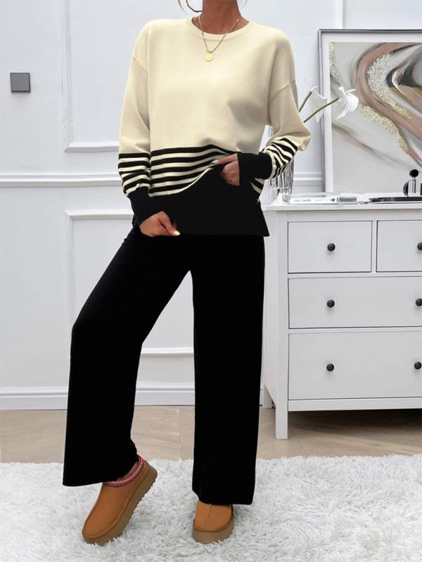 Casual Loose Clashing Color Straight Pants Sweater Set - 2 PCS. - K - 5 COLORS -