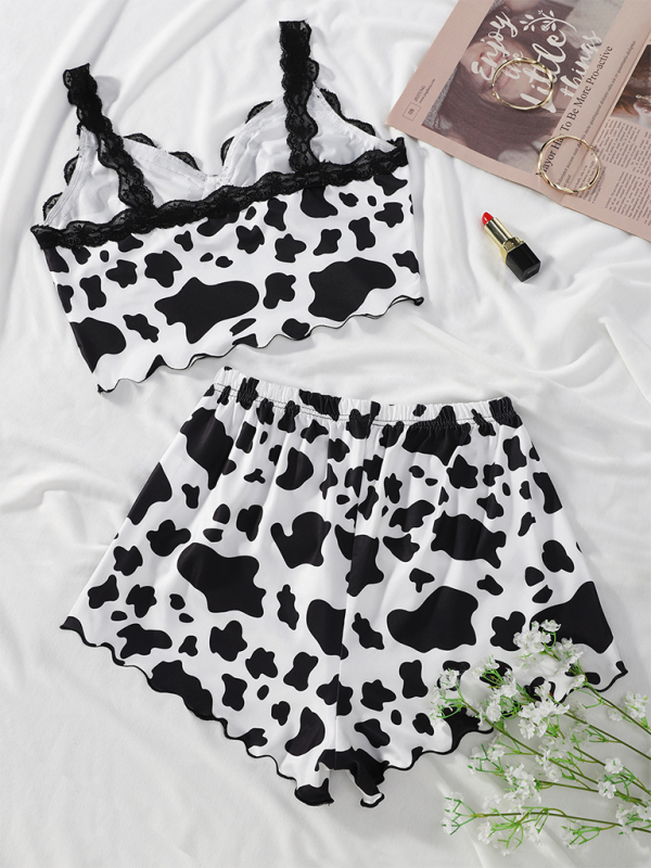 Cow Print Camisole Top Lace Lace Shorts Loungewear Pajama Set - 2 PCS. - K - 1 COLOR -