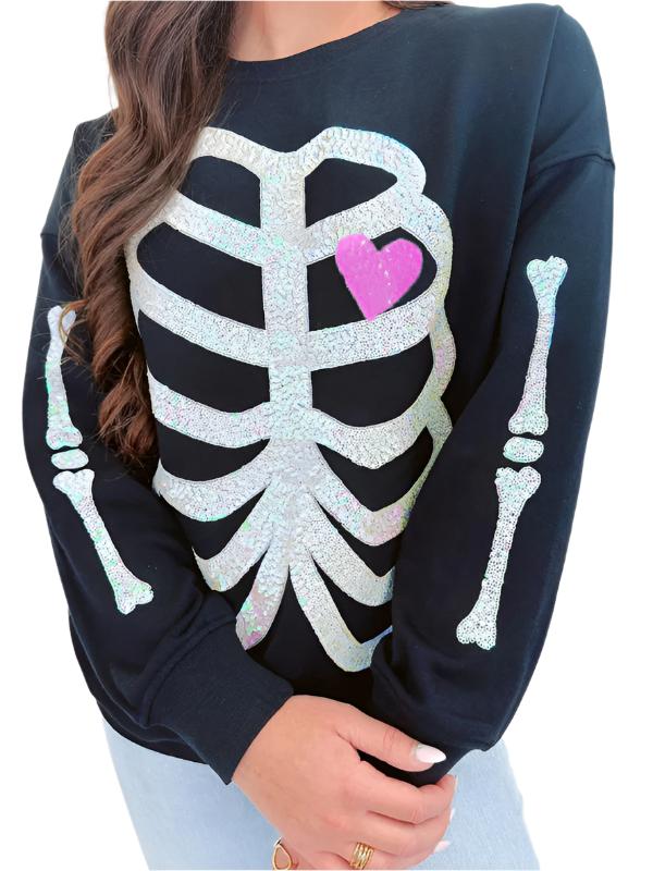 Halloween Skeleton Man Sequin Top Long Sleeve Pullover Sweatshirt - K - 2 DESIGNS / 3 COLORS -