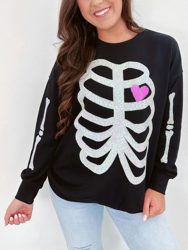 Halloween Skeleton Man Sequin Top Long Sleeve Pullover Sweatshirt - K - 2 DESIGNS / 3 COLORS -