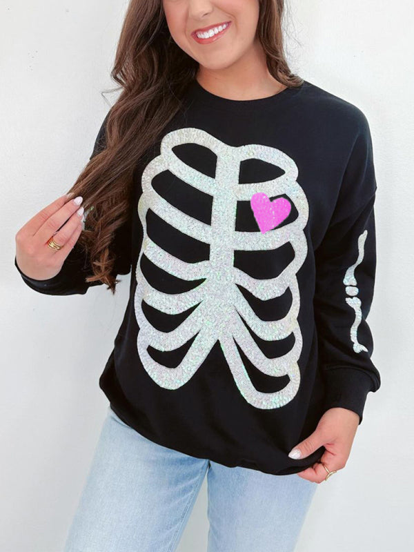 Halloween Skeleton Man Sequin Top Long Sleeve Pullover Sweatshirt - K - 2 DESIGNS / 3 COLORS -