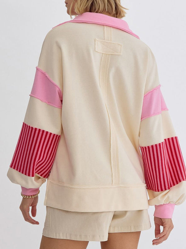 Women's Sweatshirt Oversized Polo Neck Striped Color blocking Top - K - 8 COLORS -